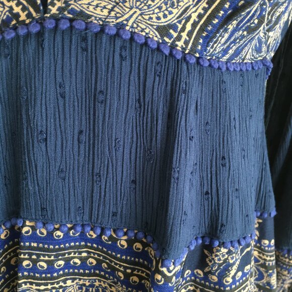 FREE PEOPLE Blue MultiColor Mixed Fabric Applique Long Sleeve Boheme Dress - Picture 9 of 11